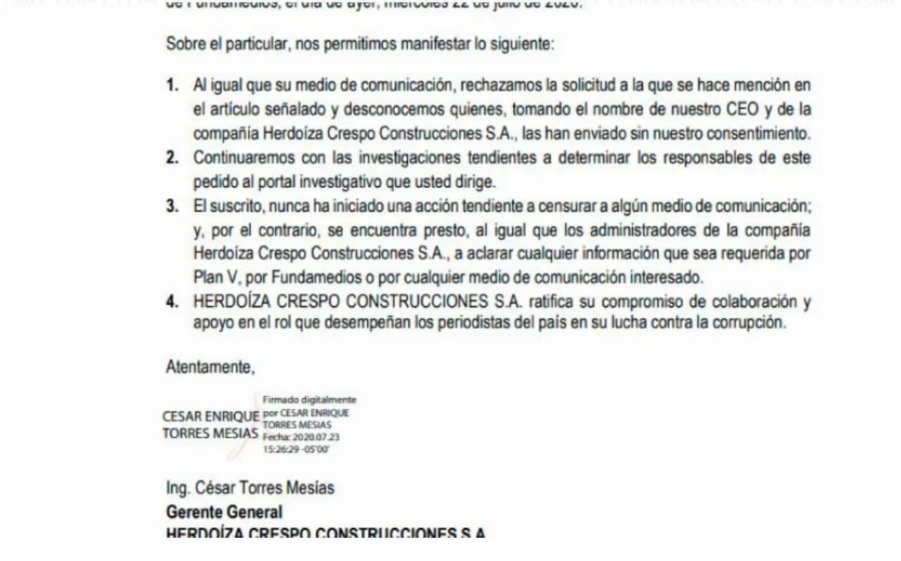 Actualización: La constructora Herdoíza Crespo niega cualquier relación con el intento de aplicar “el derecho” al olvido a Plan V